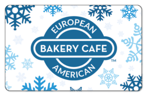 Large European American Bakery logo surrounded by blue snowflakes.