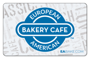Large European American Bakery logo on a cream colored background with decorative text watermarks.