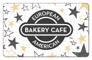 Large European American Bakery logo surrounded by black and yellow stars on a white background.